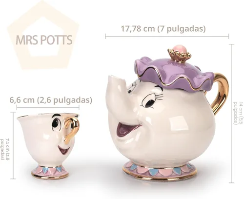 Vista 3 de GZHaiTuoSi Taza de tetera con diseño de dibujos animados de la nueva belleza y la bestia Mrs Potts con chip, un juego encantador y set