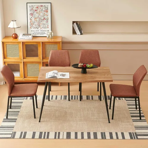 Vista 5 de Juego de mesa de comedor para 4, mesa de comedor rectangular irregular de madera moderna, sillas de comedor de cuero, 4 mesas y sillas, juego de 4