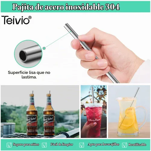 Vista 4 de Teivio 8 popotes de acero inoxidable de 5/16 pulgadas de ancho para vaso de 40 onzas con asa, popotes de metal reutilizables de 12 pulgadas