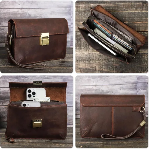 Vista 2 de Funda de piel de grano superior para hombre y mujer, múltiples bolsillos/ranuras, RFID de gran capacidad para tarjetas, cheques, dinero, pasaporte