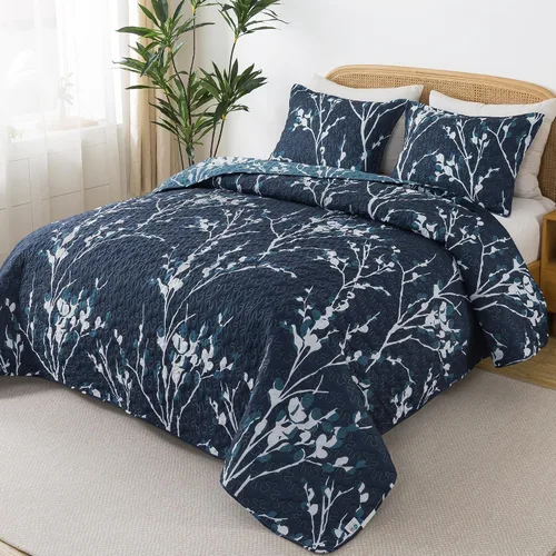 Vista 3 de Andency - Juego de edredón tamaño Queen en color azul marino (96 x 90 pulgadas), 3 piezas de colcha ligera con diseño floral, edredón reversible