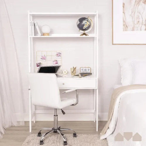Vista 2 de Milliard Escritorio de escalera con almacenamiento, escritorio de pared independiente para computadora con cajón y estantes, color blanco
