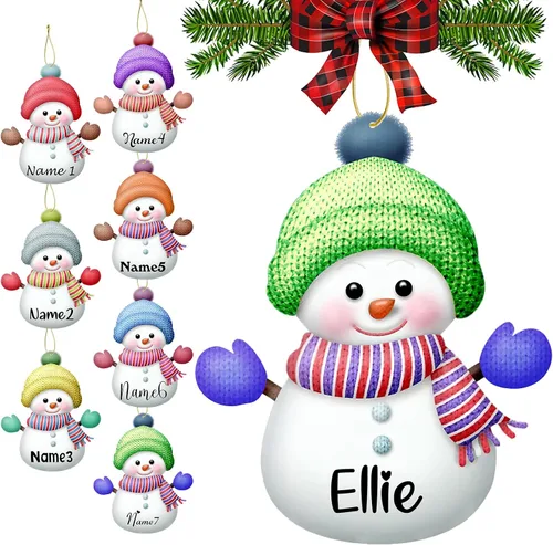 Vista 24 de Adornos de Navidad personalizados con nombres, muñeco de nieve, 8 piezas, adorno familiar personalizado, decoración colgante de madera para árbol