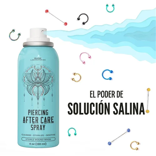 Vista 6 de BASE LABORATORIES Spray de cuidado posterior de piercings de 4 onzas Spray salino para piercings Spray limpiador de piercing de oreja Solución
