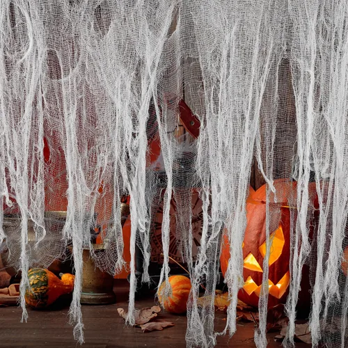 Vista 8 de Tela espeluznante de Halloween de 200 x 59 pulgadas, decoraciones de Halloween espeluznantes negras, gasa espeluznante de gran