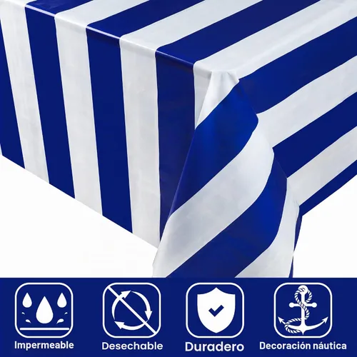 Vista 3 de peony man Mantel rectangular desechable de plástico azul náutico, 4 piezas, a rayas, azul náutico, para fiestas, cocina, comedor, decoración de mesa