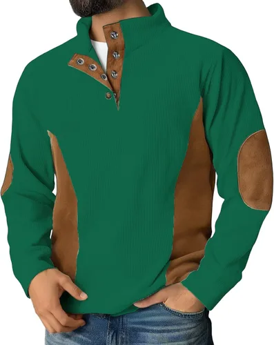 Vista 9 de Camisas de pana para hombre, con un cuarto de botón, estilo vintage, casual, a la moda, con parche en el codo