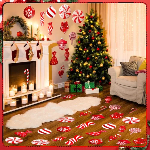 Vista 4 de Yulejo 65 calcomanías de Navidad para el suelo, calcomanías de pared de menta, calcomanías de bastón de caramelo, decoraciones de piruletas grandes