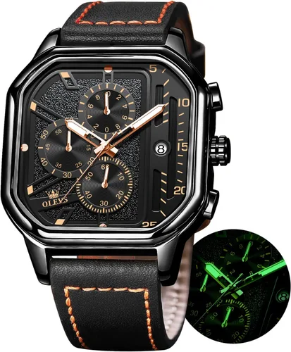 Vista 8 de OLEVS Relojes cuadrados para hombre, cronógrafo de cuero marrón, reloj de negocios de moda, luminoso, impermeable, relojes de pulsera casuales