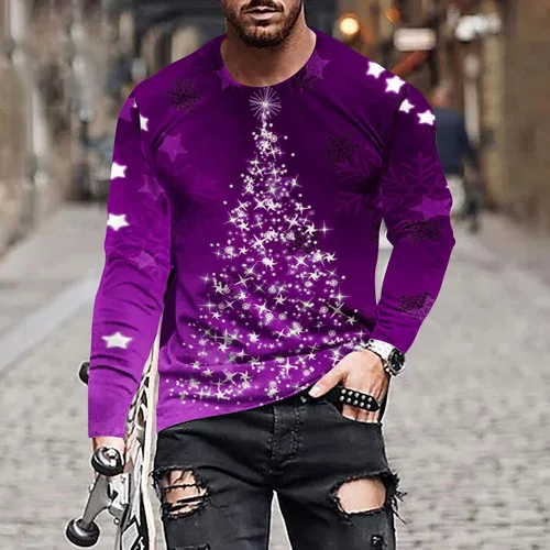 Vista 2 de Camisetas para hombre, diseño gráfico de Navidad, de manga larga, ajuste muscular, para gimnasio, entrenamiento, camiseta casual con cuello redondo