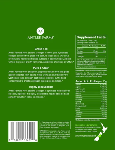 Vista 6 de Antler Farms - Polvo de colágeno 100% puro de Nueva Zelanda de vacas alimentadas con pasto, sin sabor, 1 libra - Péptidos solubles en agua fría