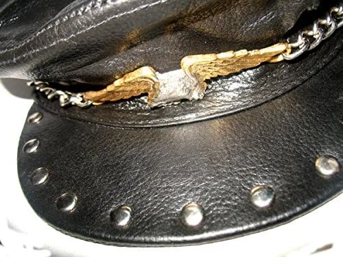 Vista 2 de Gorra de cuero con águila grande, tachuelas y cadena de cuero genuino, Negro