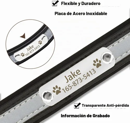 Vista 2 de Collares reflectantes personalizados para perros con acolchado de neopreno, collar de perro grabado personalizado con placa de nombre para perros