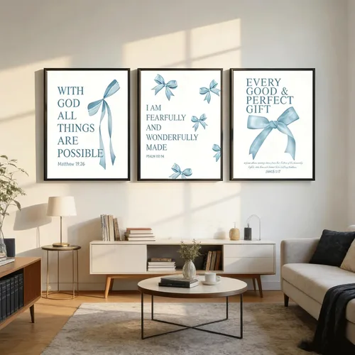 Vista 2 de 3 piezas de arte de pared con lazo azul inspirador, pintura bíblica preppy, decoración de pared, arco azul, pósteres de la Biblia, impresiones