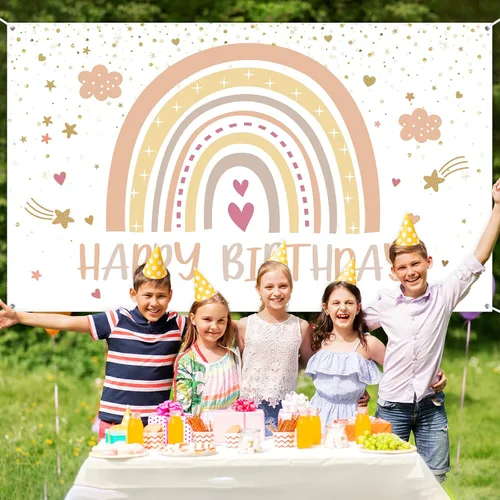 Vista 7 de Hestya Decoraciones de fiesta boho arcoíris para cumpleaños, telón de fondo de cumpleaños de feliz primer cumpleaños, decoraciones de accesorios