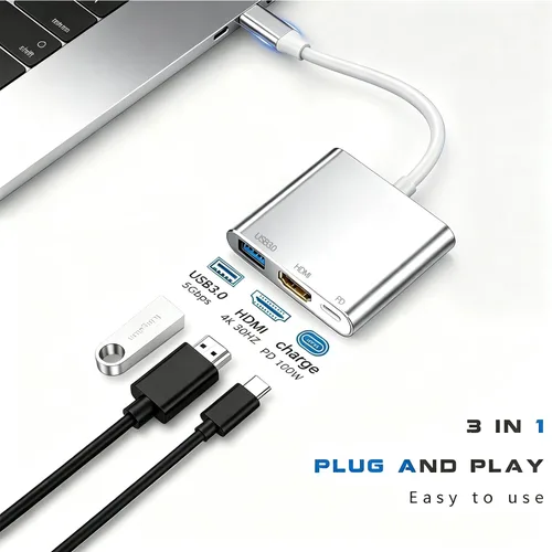 Vista 2 de Adaptador USB-C a HDMI (compatible con 4K / 30Hz) - Cable convertidor tipo C 3 en 1 para MacBook Pro, MacBook, Mac Pro, iMac, Chromebook y más