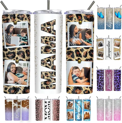 Vista 21 de Vaso delgado personalizado con purpurina con tapas y popotes, nombres, vasos de acero inoxidable personalizados con imagen para mujeres, hombres