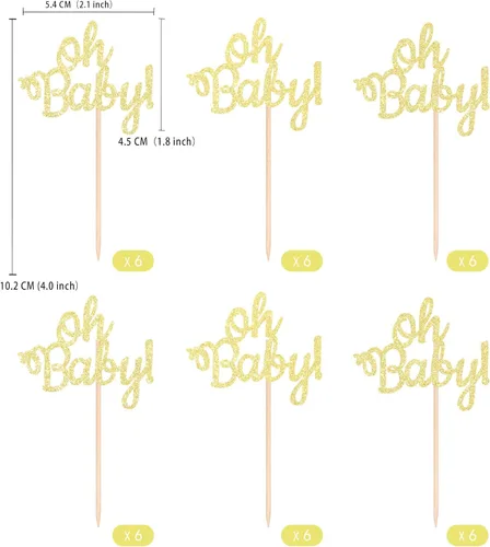 Vista 2 de Gexolenu 24 piezas de decoración para cupcakes Oh Baby Baby con purpurina dorada de doble cara para bebé, niño o niña, para baby shower, fiesta