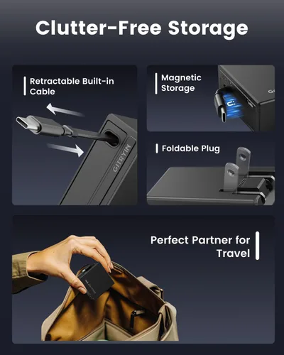 Vista 7 de Gitryin Cargador de pared USB C de 65 W con cable retráctil integrado, bloque de carga rápida plegable 2 en 1, artículos esenciales de viaje