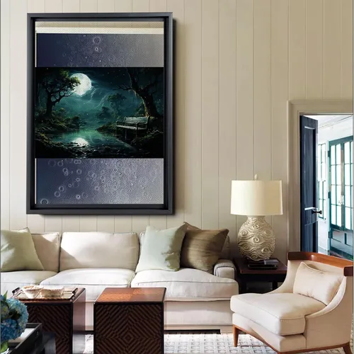 Vista 3 de Snow covered park at midnight with a full moon, watercolor nature art, framed canvas print, framed wall art