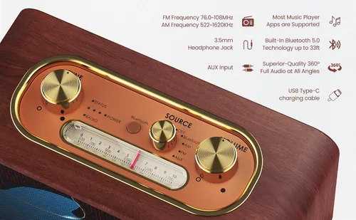 Vista 3 de Altavoz Bluetooth retro de madera, altavoz inalámbrico portátil vintage con placas frontales intercambiables, radio FM, subwoofer y dial giratorio