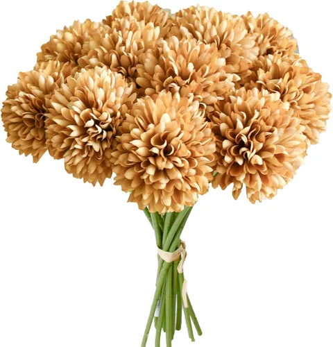 Vista 34 de Mandy's 6 tallos de seda beige Kiku flores de bola Tallos artificiales de crisantemo para decoración del hogar, verano, arreglo floral sintético