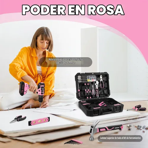 Vista 3 de WORKPRO Taladro Atornillador Inalámbrico Rosa de 20V y Juego de Herramientas para el Hogar, Kit de Herramientas Manuales de 141 Piezas