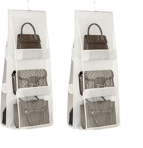 Vista 6 de HAN SHENG Organizador colgante de 6 bolsillos transparente para bolsos y monederos - Estante colgante para ahorrar espacio para clóset, armario