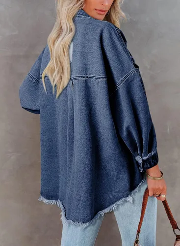 Vista 5 de EVALESS Chaqueta de mezclilla para mujer, desgastada, desgastada, desgastada, desgastada, elástica, con bolsillos