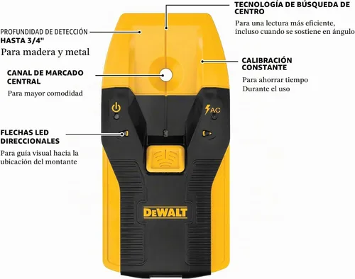 Vista 2 de DEWALT Detector de montantes, 3/4", localiza montantes de estructura de manera eficiente con flechas LED, ideal para madera y metal, pilas AAA