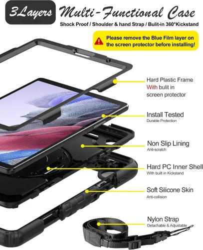 Vista 2 de Funda para tablet Samsung Galaxy Tab A7 Lite de 8,7 pulgadas, color negro Protective with Screen Protector, Rotate Stand, Hand Strap & Pen Holder