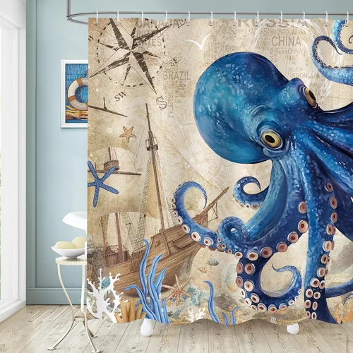 Vista 2 de Dazzlewall Cortina de ducha de pulpo, cortina de baño azul náutico, retro, decoración de baño, tela de poliéster impermeable con 12 ganchos, 72 x 72