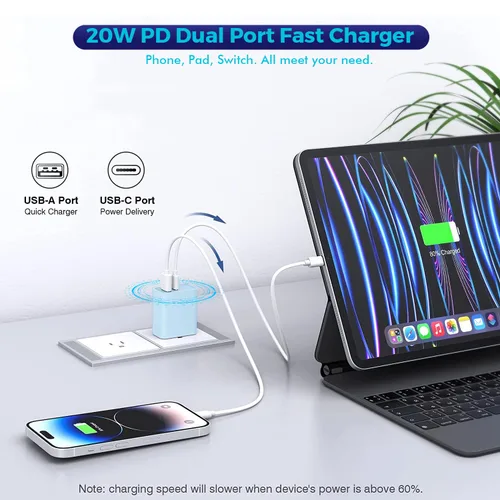Vista 3 de Bloque de carga para iPhone 16/15, bloque de carga USB C [paquete de 2] 20 W de doble puerto PD rápido USB C adaptador de cargador de pared USB A