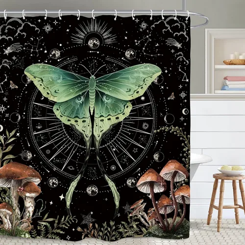 Vista 18 de Cortina de ducha gótica del zodiaco con fases lunares, constelación, astrología, galaxia, misteriosa, tarot, bruja, estética, 60 pulgadas de ancho