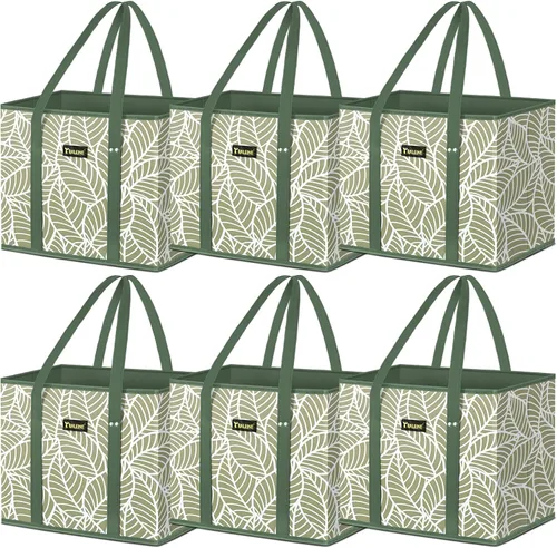 Vista 34 de BALEINE 1 paquete de bolsas reutilizables para comestibles, bolsas de compras plegables para comestibles con parte inferior reforzada y asas Follaje