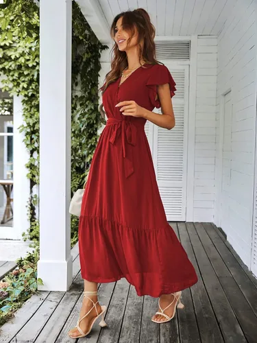 Vista 4 de PRETTYGARDEN - Vestido floral para mujer estilo bohemio, cruzado, con cuello en V, manga corta, con cinturón, dobladillo con volantes, acampanado