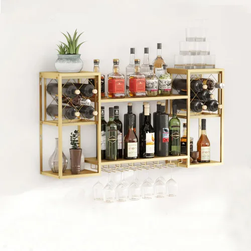 Vista 11 de KaKaBB Estante de vino montado en la pared, estantes de metal de 47 pulgadas de 2 niveles con soporte para vidrio, capacidad para 30 botellas y de 6