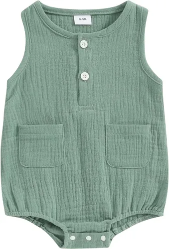 Vista 13 de Ropa de una pieza de verano para bebé niña, sin mangas, de algodón, lino, mameluco con diadema Albaricoque