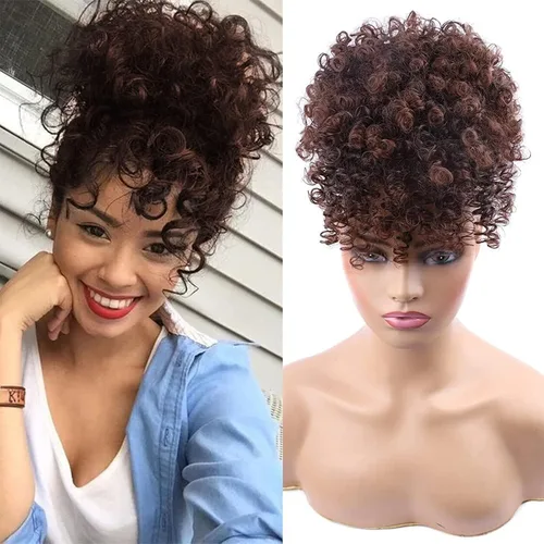 Vista 19 de Cola de caballo con cordón y flequillo, extensiones de cola de caballo afro para mujer, cola de caballo corta y rizada con flequillo con clip para 1b