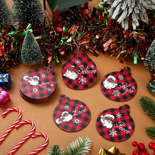 Vista 4 de Bucherry Adornos afroamericanos para árbol de Navidad, adornos de Papá Noel negro de 3.2 x 3.9 pulgadas, decoraciones de madera navideñas colgantes