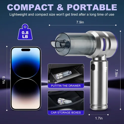 Vista 4 de Aspiradora portátil inalámbrica para automóvil, 18000 PA de alta potencia con motor sin escobillas, plumero de aire 4 en 1, soplador, bomba y mini