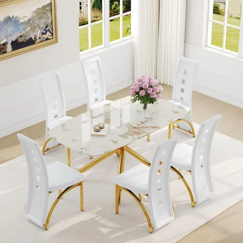 Vista 21 de Juego de mesa de comedor moderna para mesa de comedor negra de 4,63 pulgadas, juego de 4 con patas de metal dorado, mesa de cocina rectangular