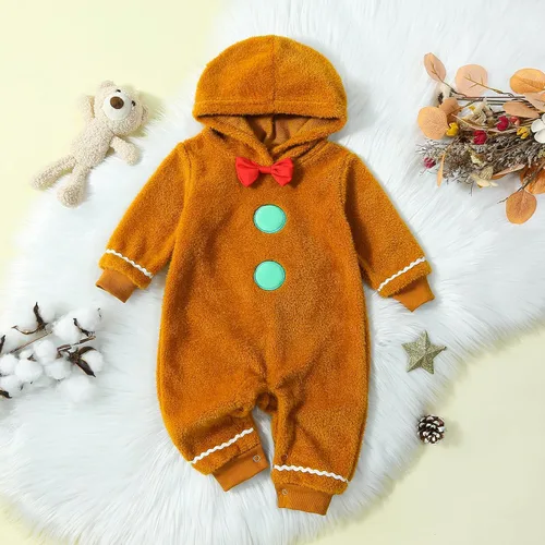Vista 6 de Mameluco con capucha para bebé, niño y niña, trajes de hombre de jengibre con capucha, mameluco de Navidad (marrón, de 12 a 18 meses), Marrón