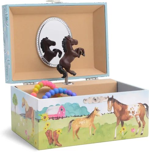 Vista 2 de Jewelkeeper Caja de almacenamiento de joyería musical para niña con caballo giratorio, paquete de diseño de granero con caja de almacenamiento
