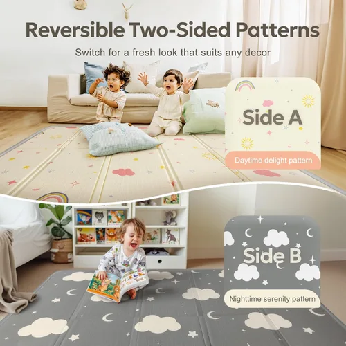 Vista 7 de Mallify Tapete de juego plegable, tapete de juego reversible para bebé con refuerzo de bordes, no tóxico e impermeable para el suelo, tapete