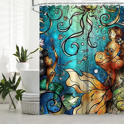 Vista 3 de LIVILAN Cortina de ducha de sirena, juego de cortinas de baño de tela de medusa con ganchos, animales marinos del océano, decoración de baño