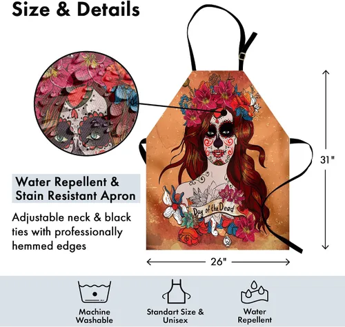 Vista 4 de Ambesonne Day of the Dead - Delantal Día de los Muertos, cultura española, arte de calavera mexicana, babero de cocina unisex con cuello ajustable