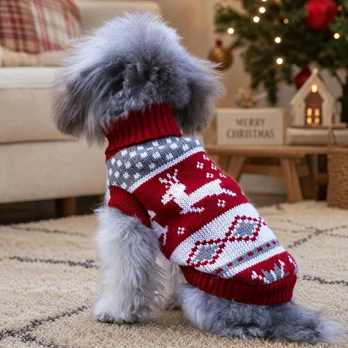 Vista 5 de Suéteres de Navidad para perros, ropa de invierno para mascotas, ropa de Navidad, abrigos cálidos clásicos, renos, copos de nieve, suéter de rombos