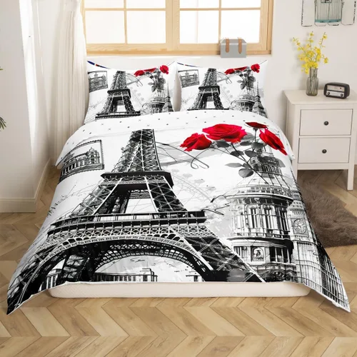 Vista 7 de Feelyou Juego de ropa de cama con temática londinense, funda de edredón para cabina telefónica retro roja para niños, paisaje histórico europeo