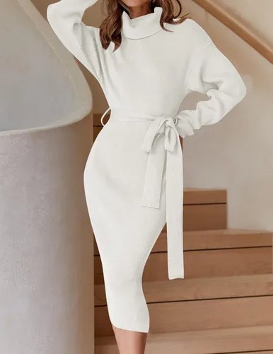 Vista 66 de ZESICA - Vestido por debajo de la rodilla de suéter, de cuello alto, para mujer, de manga larga, de punto acanalado, con abertura y cinturón